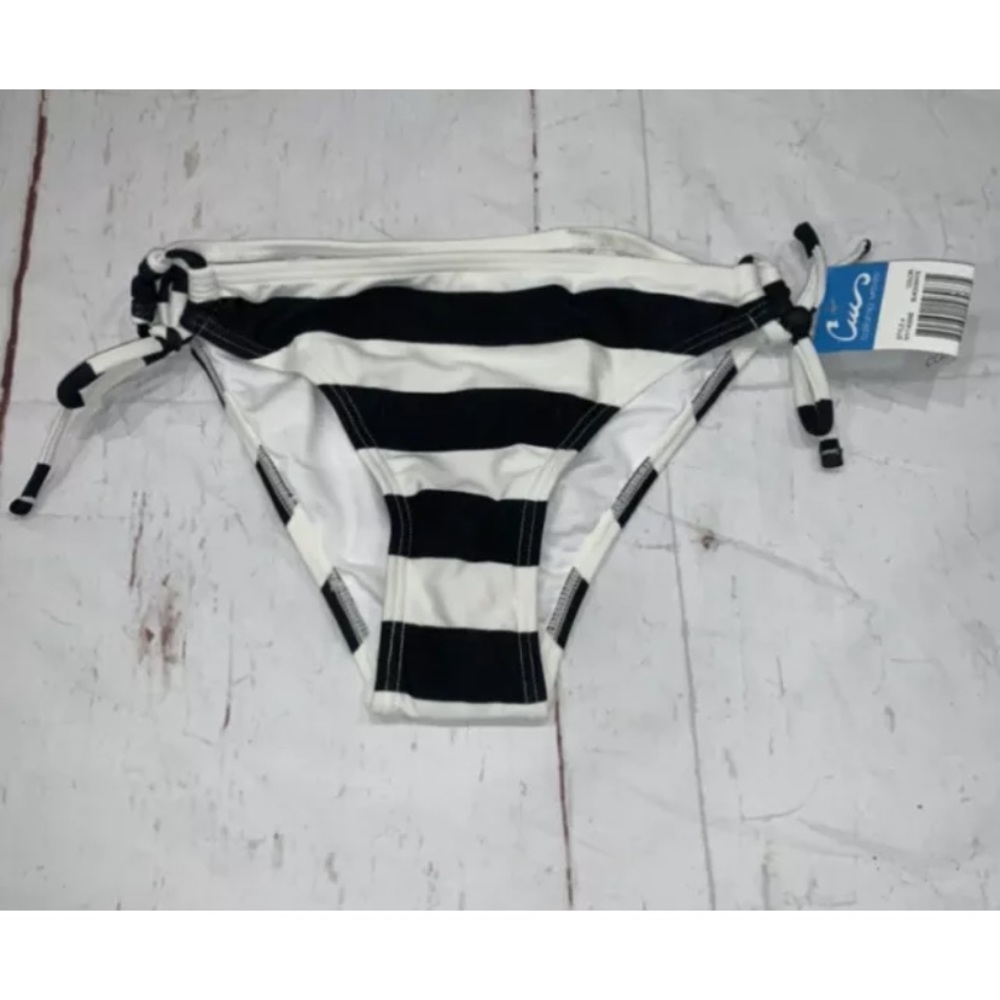 California Waves Swim Bikini Bottom Black White Striped Side Tie Sz S NWT